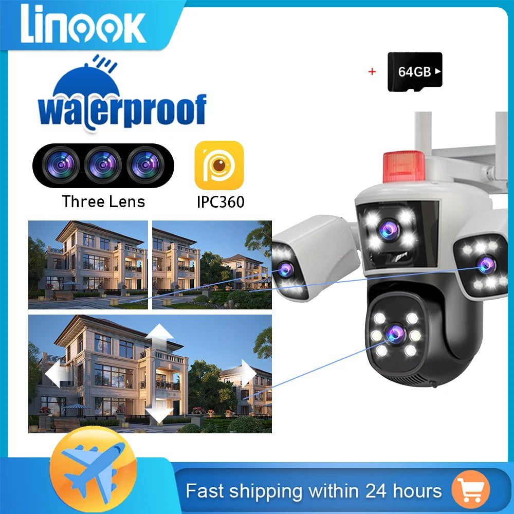 Linook WiFi surveillance camera, 12MP, 6K, 360,3 lenses, CCTV outdoor WiFi camera, IP camera, PTZ security camera