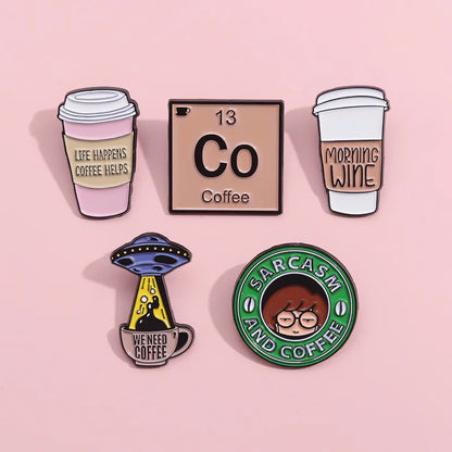 Creative Coffee Enamel Brooch Spaceship Coffee Elements Need By Coffee Power Books Cat Coffee Cups Metal Badge Lapel Pin Jewelry