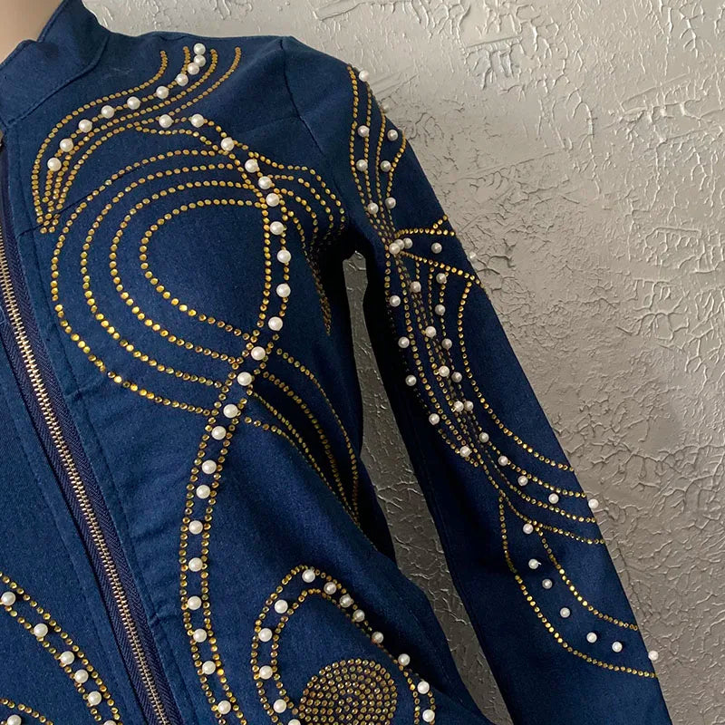 HOUSEOFSD High Quality Long Sleeve Jeans Dress African Women Fashion Zipper Beading Denim Maxi Dresses