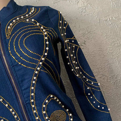 HOUSEOFSD High Quality Long Sleeve Jeans Dress African Women Fashion Zipper Beading Denim Maxi Dresses