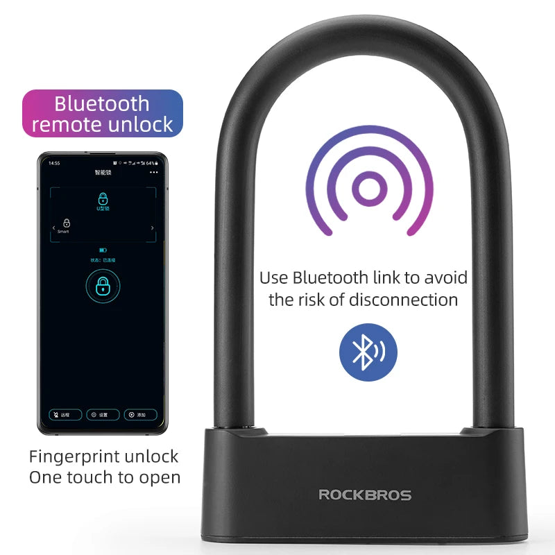 ROCKBROS Bicycle Smart Lock Bluetooth Fingerprint Unlock Waterproof High Strength Steel Alloy Anti-theft U-Lock Bike Accessories