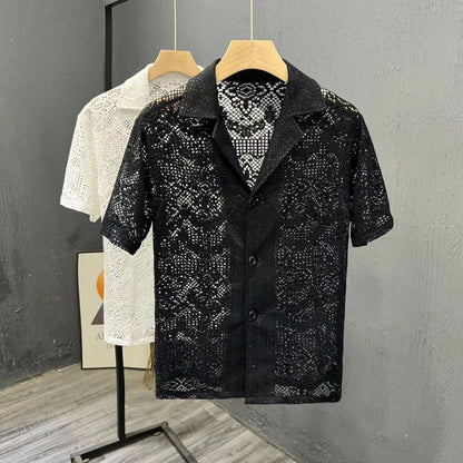 Vintage Ice Silk Lace Shirts For Men Sexy Lace Breathable Hollow Out Tops Summer Fashion Cuban Collar Short Sleeved Shirt Male