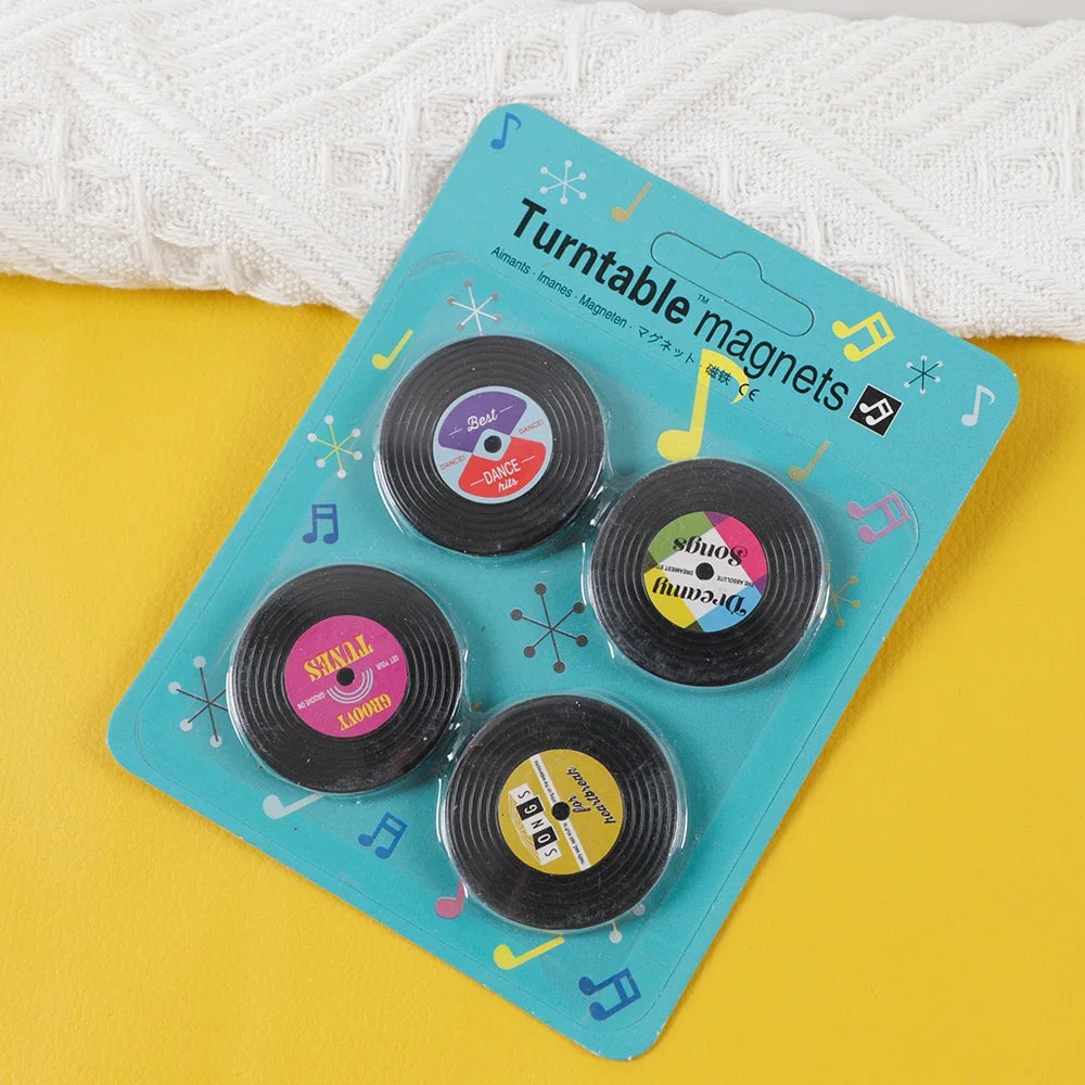 4Pcs/Pack Creative Gramophone Record Fridge Magnet Message Board Reminder Refrigerator Sticker for Home Kitchen Decoration