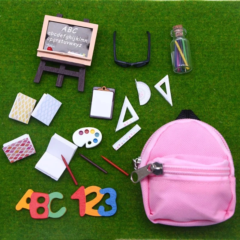 Miniature School Supplies for Dollhouse Toy Mini Home Miniature Model DIY Doll Accessories Canvas Backpack Desk Chalkboard