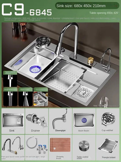 Nano 304 Stainless Steel Sink Waterfall Large Single Slot Kitchen Sink Vegetable Sink Stainless Steel Sink Household Sink