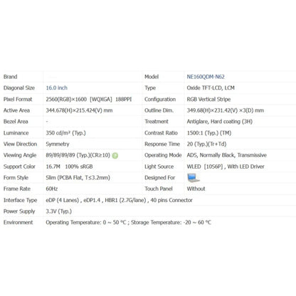 16.0 Inch NE160QDM-N62 V8.0 v8.1  40Pin 2560×1600 WQXGA LAPTOP LCD SCREEN MNG007DA1-2 MNG007DA1-3