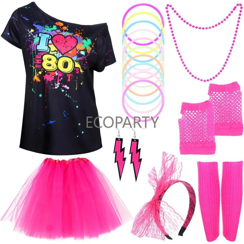 80s Fancy Dress Accessories Women Party Costume Set Adult Tutu Skirt Neon Fishnet Gloves Beaded Necklace Bracelet Earrings