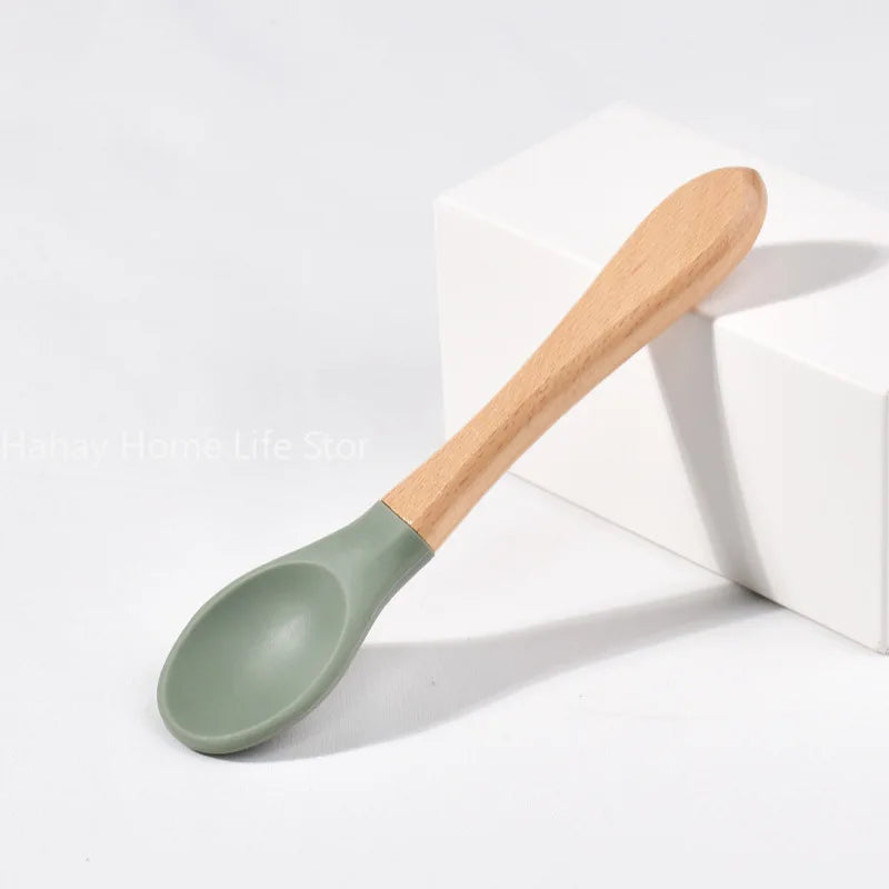 Baby Silicone Feeding Set with Wooden Handle Soft Training Spoon and Fork for Kids