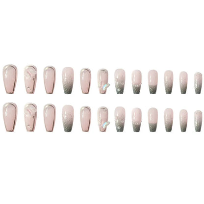 24Pcs Press on Nails Long with Designs Pink Rhinestones False Fake Nails Press On Coffin Artificial Nails for Women Stick on