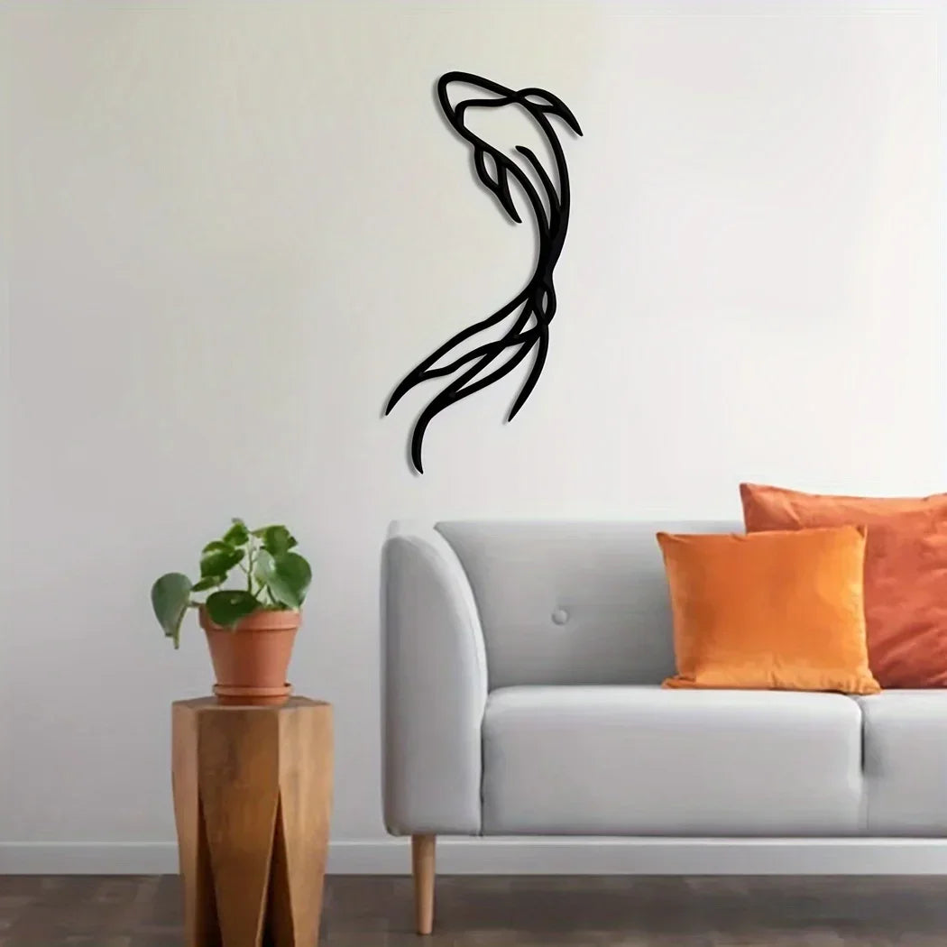 Feng Fish Art Metal Sculpture - Minimalist Line Art, Metal Wall Art, Betta Fish Wall Decor Abstract Art,Fish Vase Room Sticker