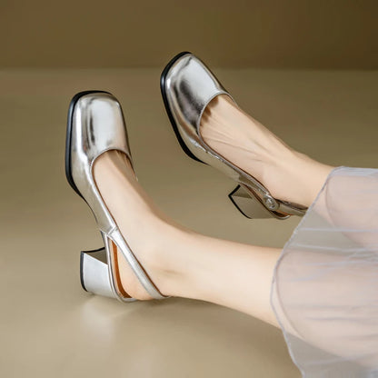 Fashion Slingback Sandals Shoes Women Block Heels Close Toe Party Office Shoes Ladies Elegant Short Heeled Silver Mules Shoes