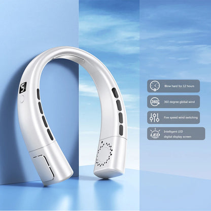 Portable Neck Fan LED Digital Display Hanging Neck Fan Leafless Air Cooler Mute USB Rechargeable Cooler with Atmosphere Light