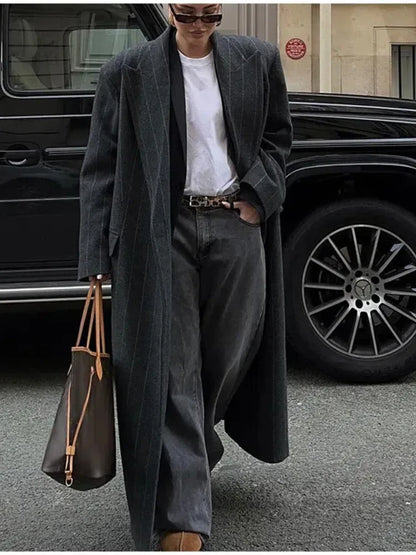 Retro Striped Lapel Woolen Long Coat Women Casual Loose Dark Grey Oversize Coats Female Winter Elegant Chic Outwear