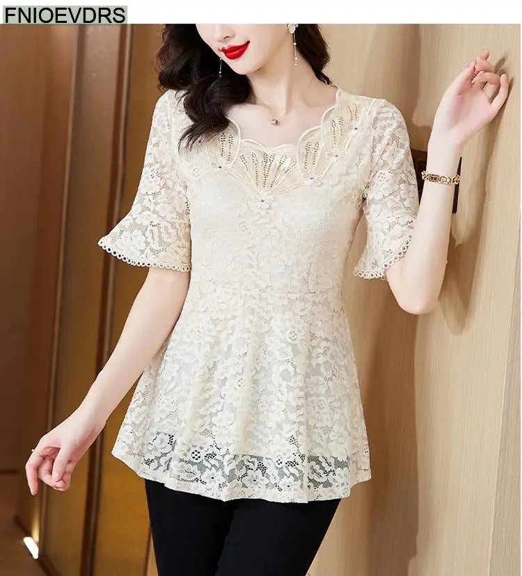 Office Shirts Basic Wear New Design 2025 Women Elegant Fashion Work Lady Bling Beaded Flare Sleeve Lace Tops Blouses