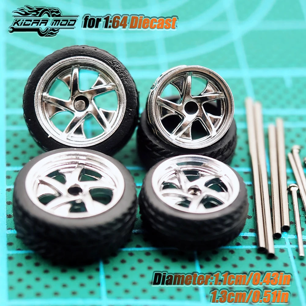 Kicarmod 1/64 Model Car ABS Wheels with Rubber Tire Metal Rims Front Small Rear Large Refitting Parts For Model Car Hot Wheels