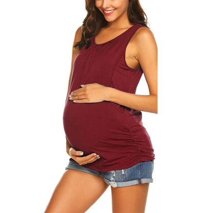Maternity Tank Top Womens Nursing Shirt Casual Sleeveless Side Ruched Crew Neck Basic Nursed Vest Pregnancy Breastfeeding Tee