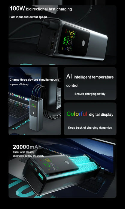 20000mAh 100W Large Capacity Power Bank Bidirectional Fast Charging Portable Powerbank Laptop External Spare Battery for Macbook