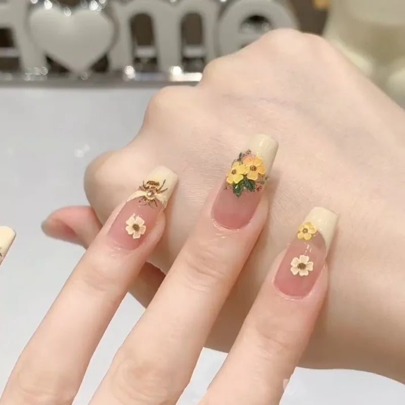 10Pcs Yellow Handmade Press-On Nails with Bee&Floral Relief Designs French False Nails Perfect for Spring&Everyday Stylish Wear