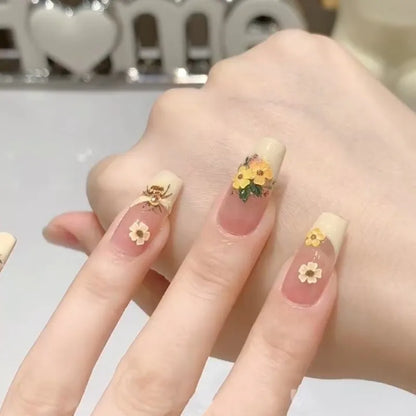 10Pcs Yellow Handmade Press-On Nails with Bee&Floral Relief Designs French False Nails Perfect for Spring&Everyday Stylish Wear