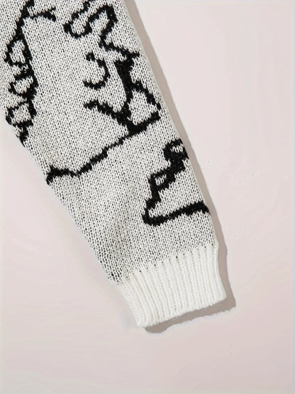 Women's Oversized Dinosaur Pattern Sweater - Cozy Long Sleeve Pullover for Casual Wear