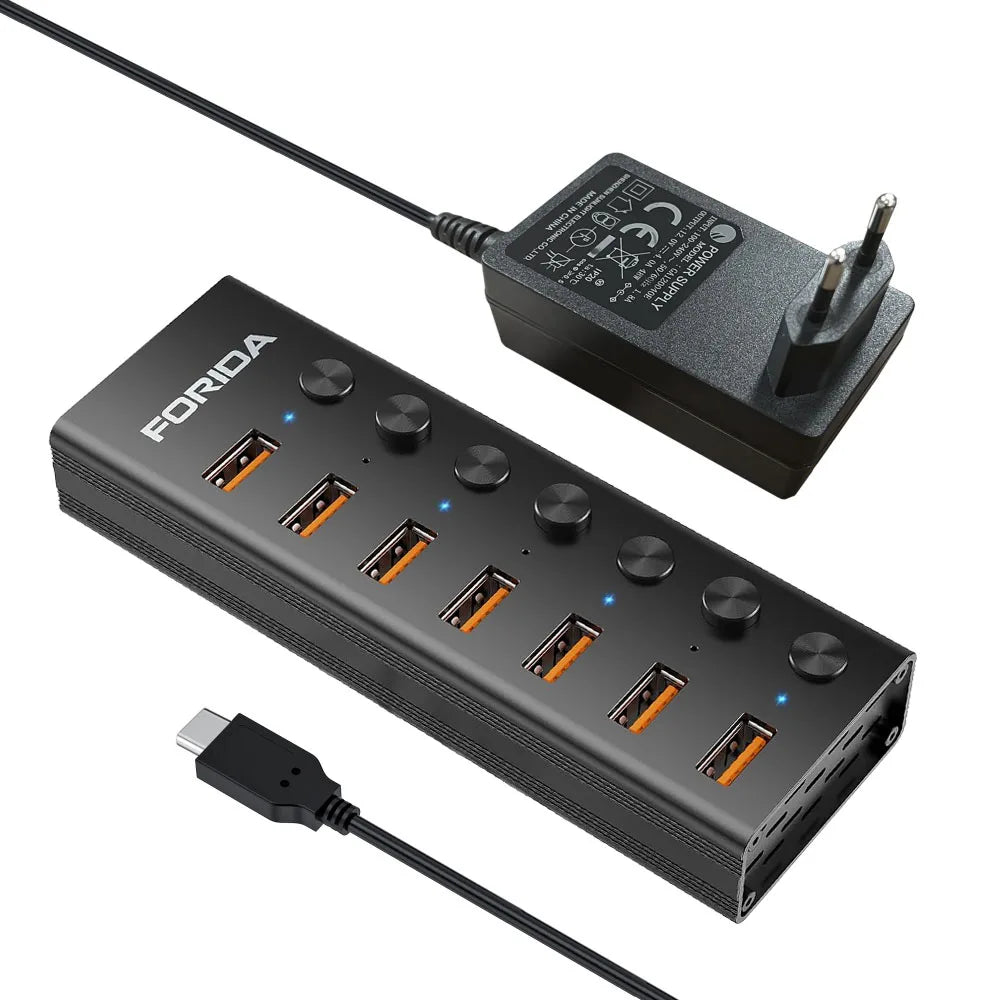 FORIDA USB C Hub 3.2 10Gbps 4/7 Port Aluminium Alloy Docking Stations Splitter LED Switches Adapter for MacBook Laptop Phone