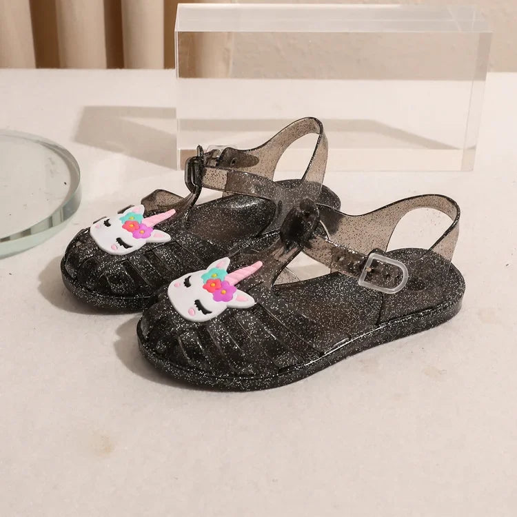 New Child Sandal Cute Girl Boy Beach Cave Shoe Transparent Glitter Jelly Crystal Kid Princes Shoe Breathable Roman Beach Sandal