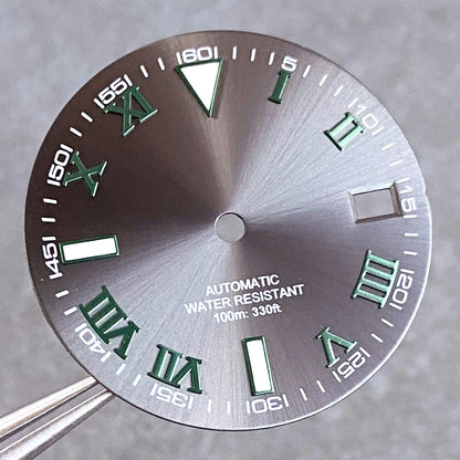 29mm Gray Sunburst Watch Dial fit NH35 NH35A NH36A Steel Green Roman Numerals Index Hand Set Watch Parts Accessories