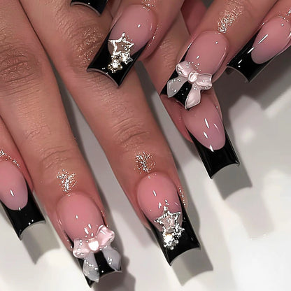 White French Short Press on Nails 3D Bowknot Designs Nude Color Fake Nails Artificial False Nails Tips for Woman DIY Manicure