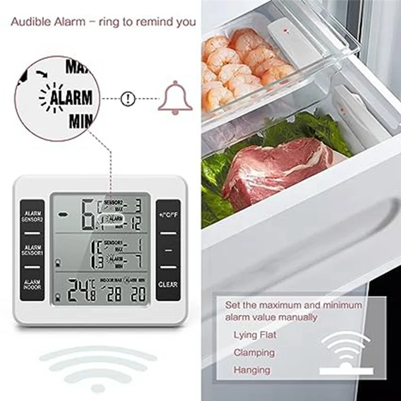 A25F-Wireless Refrigerator Thermometer Digital Freezer Thermometer Temperature Monitor with 2 Sensors for Indoor Outdoor