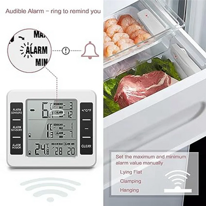 A25F-Wireless Refrigerator Thermometer Digital Freezer Thermometer Temperature Monitor with 2 Sensors for Indoor Outdoor