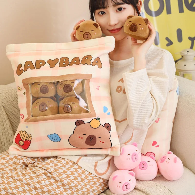 A Plushies Bag Pudding Toys Puff Balls Mini Cute Stuffed Animal Capybara Doll Removable Set Plush Pillow Snack Cushion Kids Gift