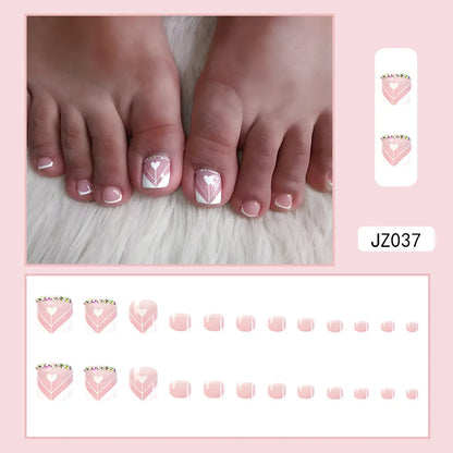 24 Pcs French Design Fake Toe Nail Press on Toe Nail Summer False Nails Acrylic Reusable Toe Nail Decorated Nails With Tool Kit