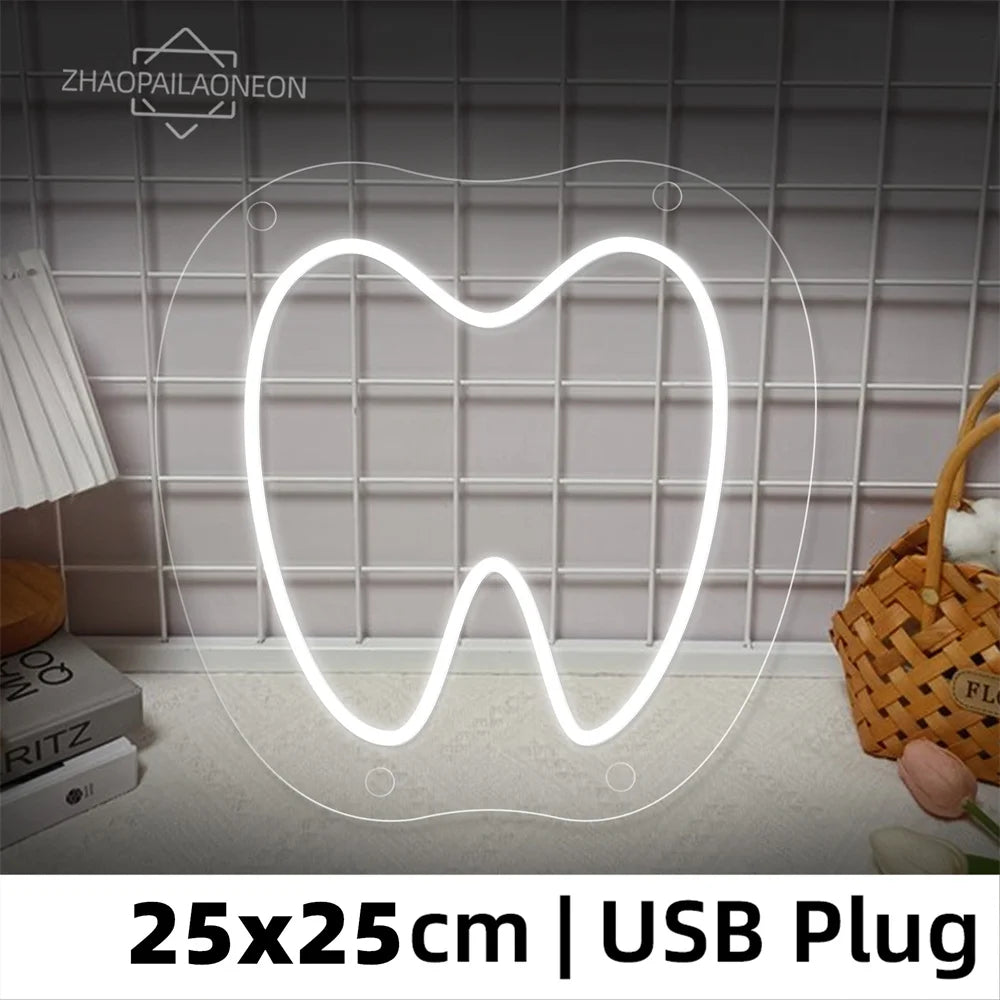 DENTAL CARE LED Neon Tooth USB Powered Neon Signs Teeth Dental Night Light 3D Wall Art & Game Room Bedroom Party Decor Lamp Sign