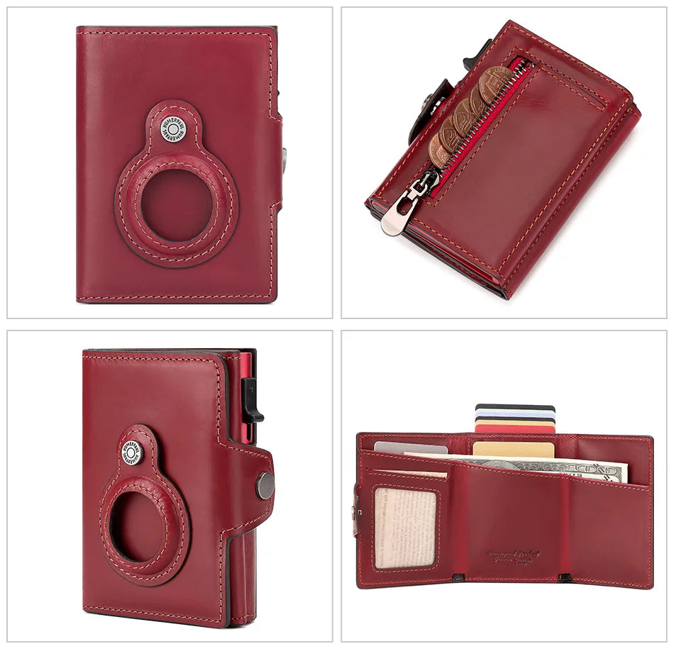 Cowhide Leather Men's Wallet RFID Blocking Protect Cardholder Automatic Card Case for Women with Apple AirTag Holder