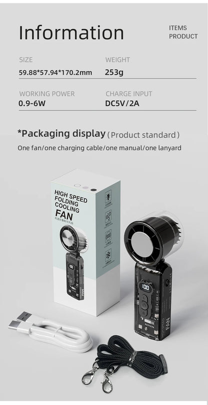 Portable Mini Fan Handheld Fan With Display High Speed Turbo Strong Wind 3600mAh USB Rechargeable Folding Fans For Home Outdoor