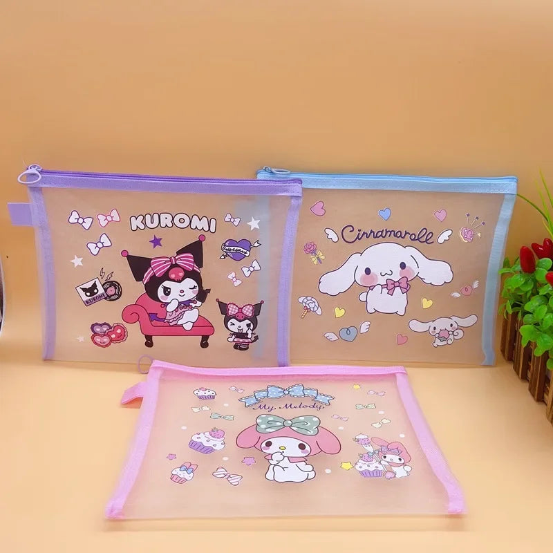 Sanrio Mesh Pen Bag Kuromi Cinnamoroll Cartoon Student Waterproof Storage Bag Translucent Matte Student Supplies