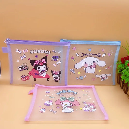 Sanrio Mesh Pen Bag Kuromi Cinnamoroll Cartoon Student Waterproof Storage Bag Translucent Matte Student Supplies