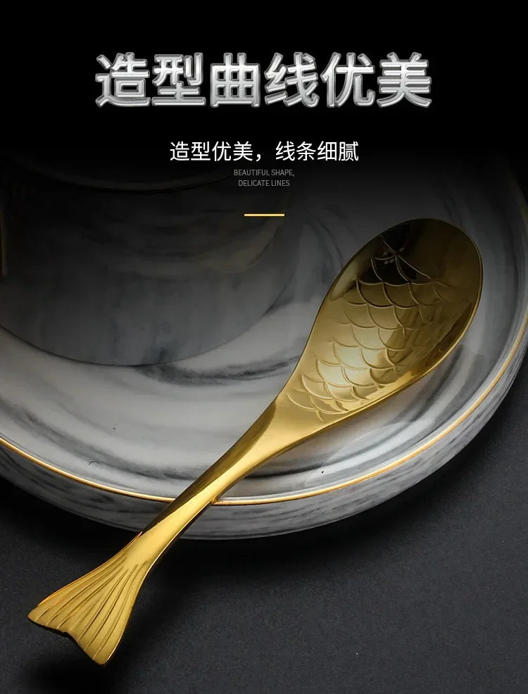 304 stainless steel spoon spoon creative fish-shaped cartoon fish spoon dessert spoon rice spoon gold-plated  stirring spoons