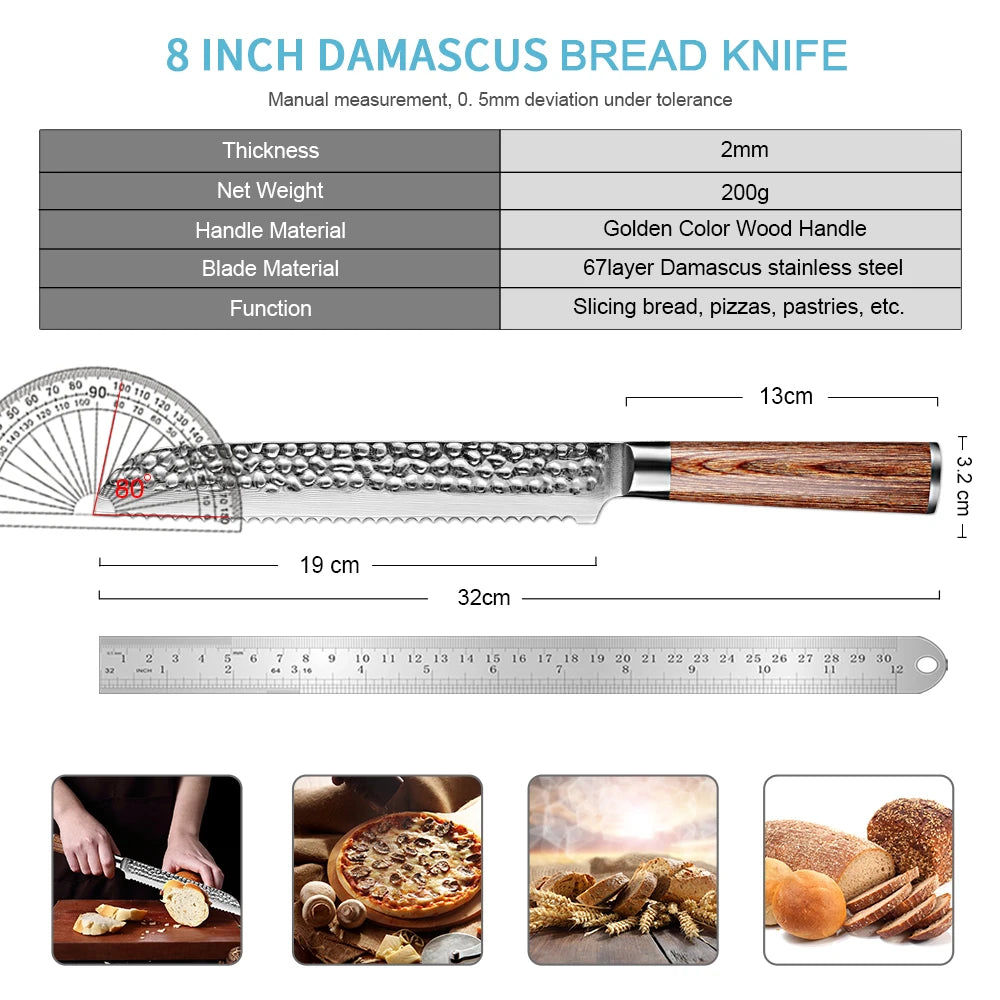Bread Knife Damascus Forged Steel Pro Grade Bread Slicing Knife 8-Inch Serrated Edge Cake Knife, Bread Cutter for Crusty Bread