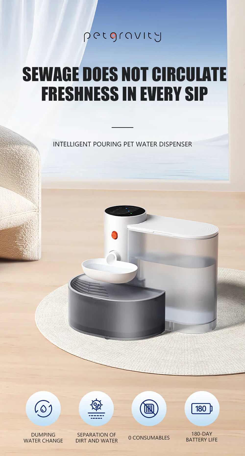 Cat Water Fountain, Automatic Pet Water Dispenser for Puppy, Rechargeable Wireless Cat Drinker No Need Filter, Cat Accessories