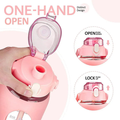 1000ML Glass Water Bottles with Straw, Glass Bottle with Silicone Sleeve and Time Marker, for Gym Camping Home Office