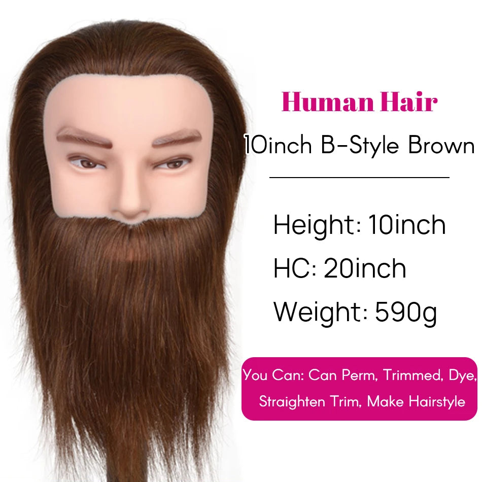 100% Human Hair Male Mannequin Head With Hair Beard Practice Manikin Hairdresser Cosmetology Training Doll Head For Hair Styling