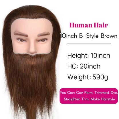 100% Human Hair Male Mannequin Head With Hair Beard Practice Manikin Hairdresser Cosmetology Training Doll Head For Hair Styling