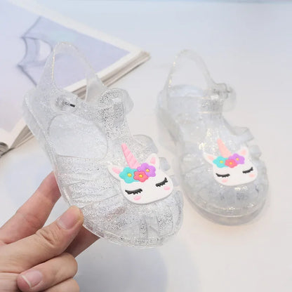 New Child Sandal Cute Girl Boy Beach Cave Shoe Transparent Glitter Jelly Crystal Kid Princes Shoe Breathable Roman Beach Sandal