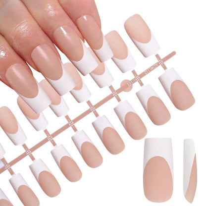 120Pcs Medium Long Square Acrylic French Fake Nails Full Cover Wearable French Press on Nails for Women Mixed Size False Nails