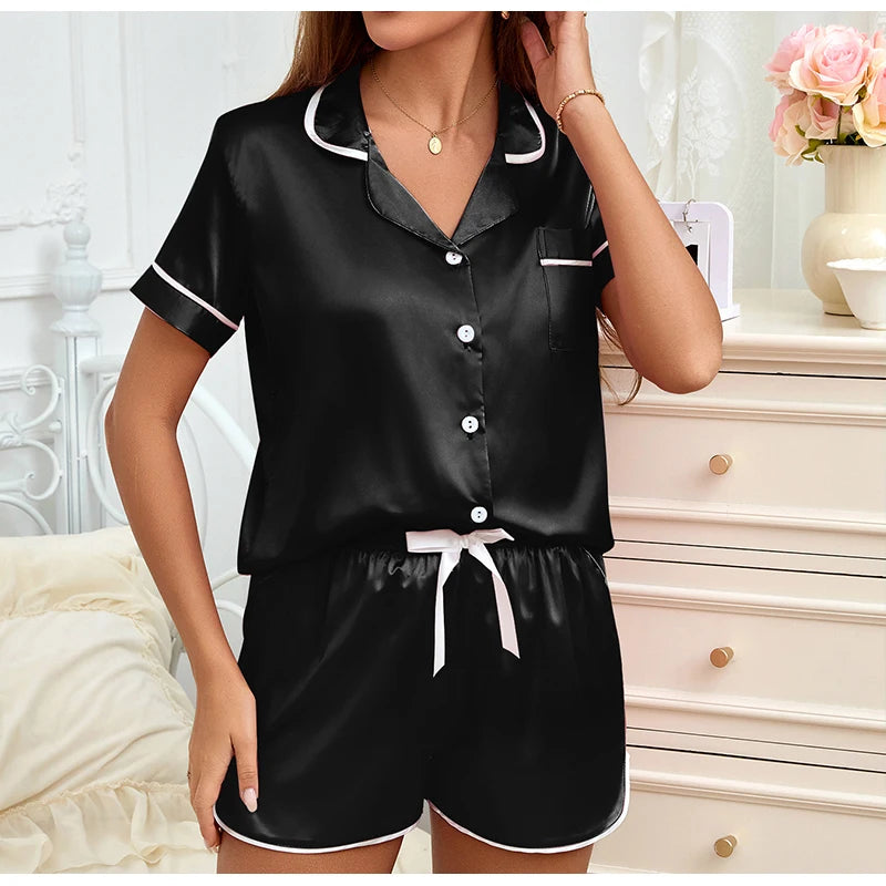 Women Silk Satin Pajamas Set Two-piece Pj Sets Sleepwear Loungewear Button-Down Pajama Women 2 Piece Pijama Homewear Shorts Set