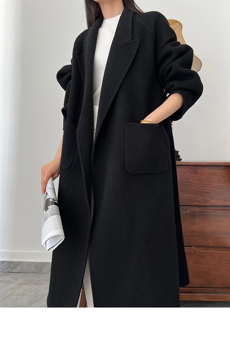 Office Lady Woolen Jackets 2024 Autumn And Winter Bathrobe Style Pocket Double-Sided Loose Lace -Up Tie Women's Long Wool Coats