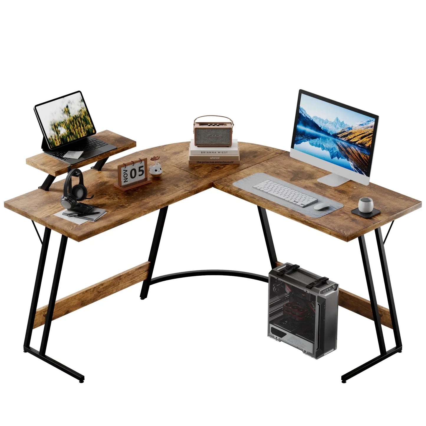 Computer Desk, L Shaped Gaming Computer Corner Desk PC Gaming Table with Large Monitor Riser Stand , Desk Computer