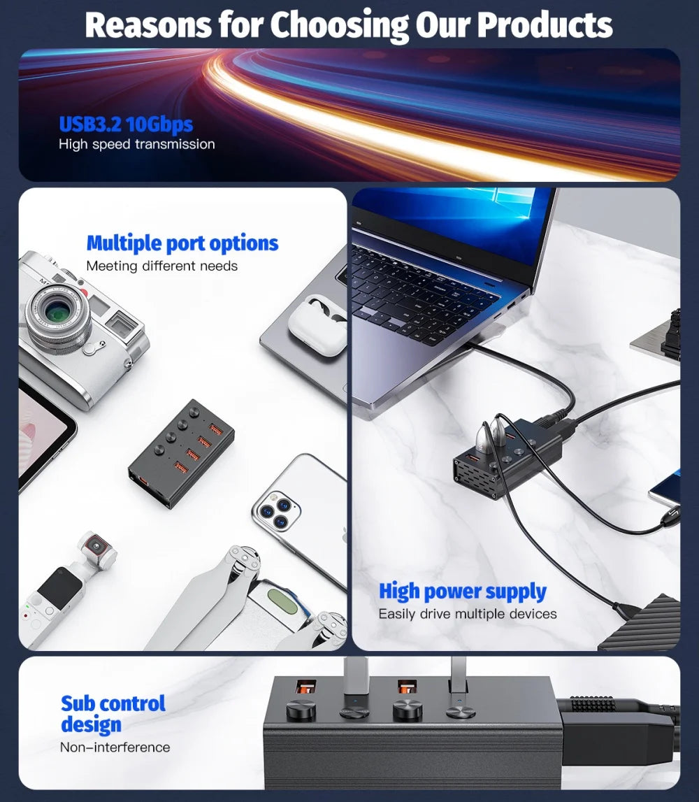 FORIDA USB C Hub 3.2 10Gbps 4/7 Port Aluminium Alloy Docking Stations Splitter LED Switches Adapter for MacBook Laptop Phone