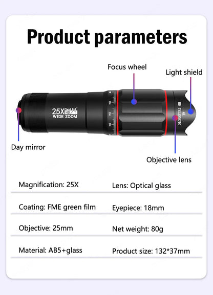 25X Phone Telephoto Lens Kit Phone Holder Portable Tripod Stabilizer Highpower Zoom Concerts Contest Outdoor Observation Animal